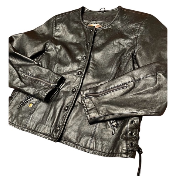 Women’s Harley-Davidson Black Leather Lace Up Side Tie Motorcycle Jacket Size M - Picture 4 of 11